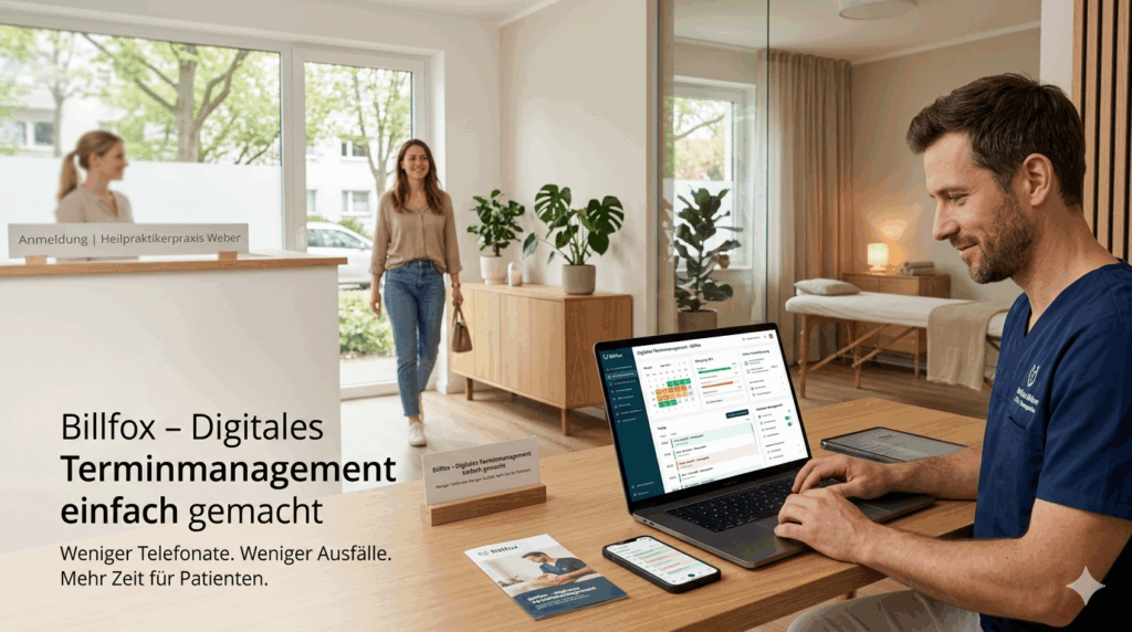 Heilpraktiker nutzt Billfox Software für digitales Terminmanagement und Online-Terminbuchung in moderner Praxis