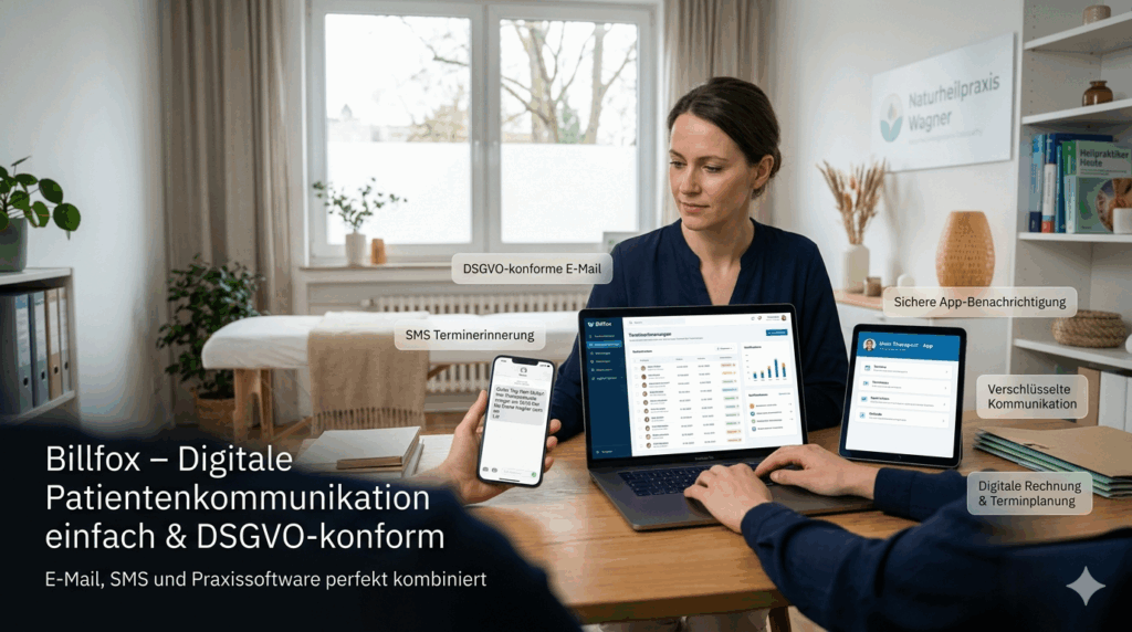 Heilpraktiker nutzt Billfox Software für digitale Patientenkommunikation per E-Mail, SMS und App in moderner Praxis