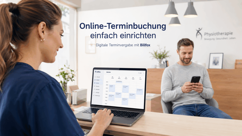 Mitarbeiterin einer Physiotherapiepraxis richtet die Online-Terminbuchung mit Billfox am Laptop ein, während ein Patient Termine per Smartphone bucht.