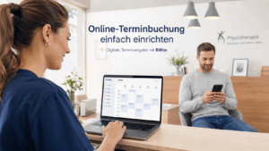 Mitarbeiterin einer Physiotherapiepraxis richtet die Online-Terminbuchung mit Billfox am Laptop ein, während ein Patient Termine per Smartphone bucht.