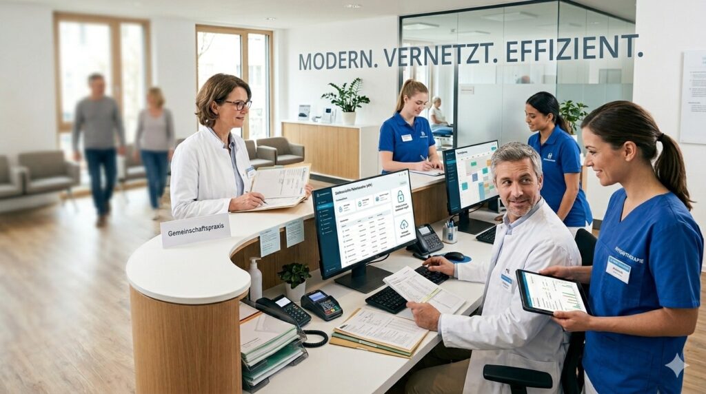 Ein Foto des Empfangsbereichs einer modernen medizinischen Klinik, auf dem fünf Mitarbeiter des Gesundheitswesens (Ärzte, Pflegekräfte und Assistenten) effizient arbeiten und zusammenarbeiten. Ein großer Schriftzug an der Wand lautet: MODERN. VERNETZT. EFFIZIENT.